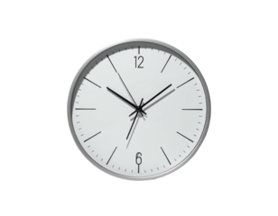 A close-up image of a minimalist, modern clock with black hands on white face