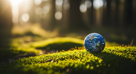 Sustainable Future Our World Globe Nestled in Green Moss Nature Eco Friendly Solutions Environmental Responsibility Earth Day Awareness Planet