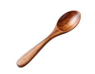Isolated wooden spoon with smooth, curved bowl and handle, against a black background