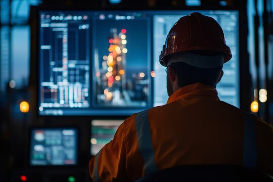 Worker observing illuminated data screens and abstract refinery view, ensuring efficient operations in industrial control room