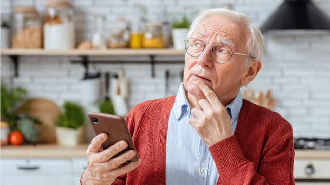 Elderly man wearing glasses using smartphone to track protein intake while eating breakfast in kitchen - Powered by Adobe