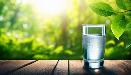 A Glass Of Cool Fresh Water On Natural Green Background