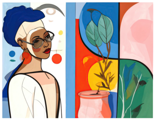 Abstract woman portrait with nature elements on a color-blocked background