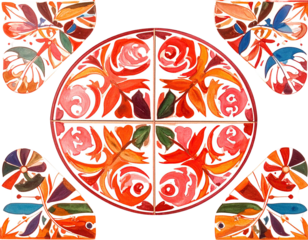 A colorful, floral watercolor design featuring a circular tile pattern