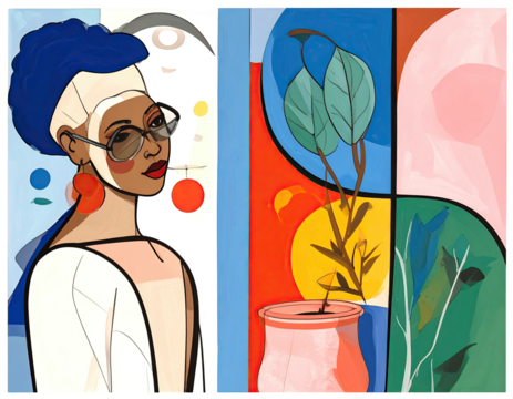 Abstract woman portrait with nature elements on a color-blocked background