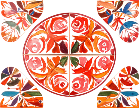 A colorful, floral watercolor design featuring a circular tile pattern
