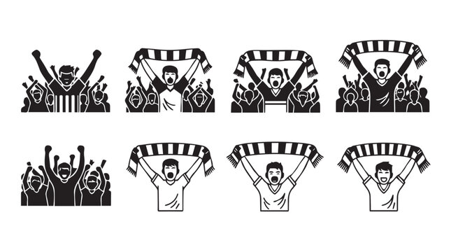 Enthusiastic sports fans cheering with scarves and raised arms in a stadium crowd vector