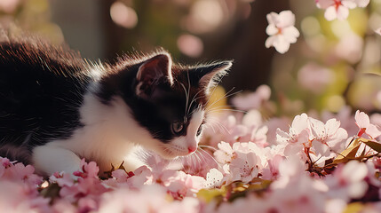 A black and white kitten is sniffing at a bed of pink flowers