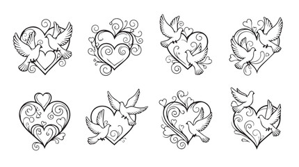 Heart designs with birds and flowers hand drawn sketch collection for romantic themes vector