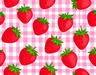 Fresh Strawberries on Pink Checkered Tablecloth.