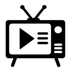 Vintage TV set with play button and text lines. Flat vector icon for retro media and entertainment.