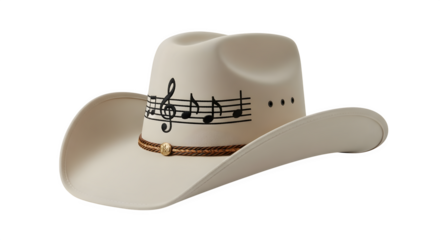 Elegant white cowboy hat isolated on transparent background, adorned with musical notes and a gold band, perfect for a country music event
