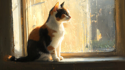 A cat is sitting by a window, looking out at the world