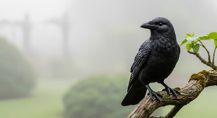 Dark crow figurine perched on tree branch against blurred background, black bird looking out. Crow observing its surroundings from limb, with green foliage providing stark contrast to dark feathers.