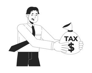 Worried asian business man holding tax money bag 2D line character. Stressed entrepreneur. Korean corporate male taxpayer anxiety isolated vector ink outline person. Monochromatic spot illustration