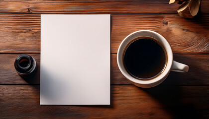 Mockup For Design Blank Paper And Ink Pot On Rustic Wooden Table Perfect For Creative Projects A4 Paper Mockup With Coffee Cup