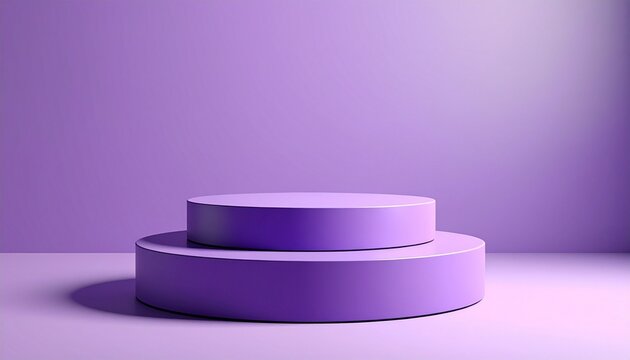 Minimalistic purple-toned scene with two cylindrical podiums, wider base and centered narrower top, soft lighting and smooth gradient background, ideal for product display.