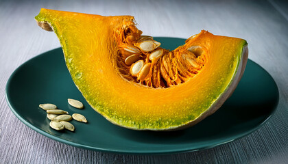 Cut Green Pumpkin Piece With Seeds Close Up Seasonal Food Photography