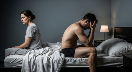 Dissatisfied upset woman sitting on one side of the bed, on the opposite side sits a man disappointed in himself due to premature ejaculation and erection problems, lost self-confidence due to unhappy