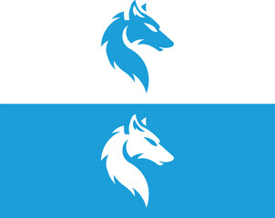 Wolf head logo in two color options, blue and white, with a clean and modern design