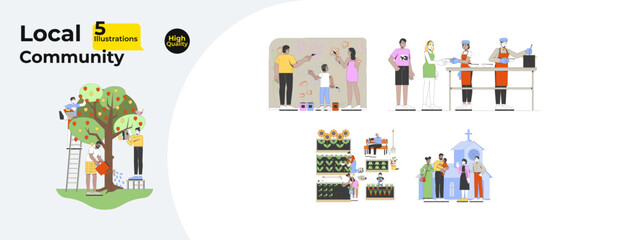 Local community volunteering and gardening cartoon flat illustrations mega bundle. Painting mural. Soup kitchen. Harvesting, church 2D images isolated on white. Collection vector drawings colorful © IMGvisualsCharacters