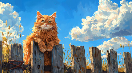 A cat is sitting on a wooden fence post