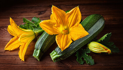 Yellow Flowers Zucchini Vegetables On A Wooden Table