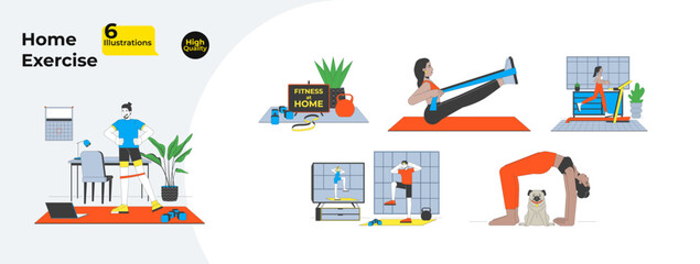 Home exercise cartoon flat illustrations mega bundle. Diverse people training with resistance bands, treadmill, stretching workout 2D images isolated on white. Collection vector drawings colorful