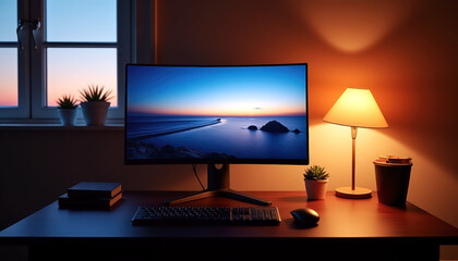 Modern computer desk setup with ultrawide monitor and lamp for productivity with copy space; organized workspace