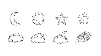 Hand drawn celestial icons set featuring moon stars clouds galaxy for cosmic designs vector