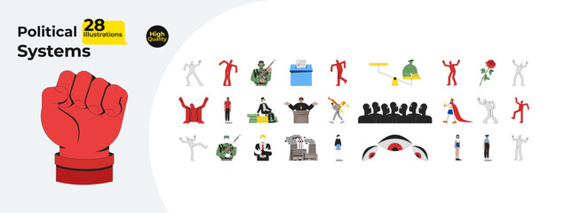 Political ideologies and marionette puppets cartoon flat illustrations mega bundle. Activism, election, monarchy, military, propaganda 2D images isolated on white. Collection vector drawings colorful