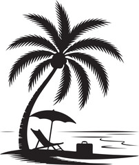 Silhouette of a palm tree with a beach chair and umbrella on a white background tropical vacation