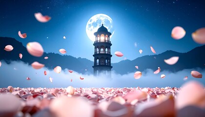 Romantic Tower and Floating Petals Under a Full Moon at Night