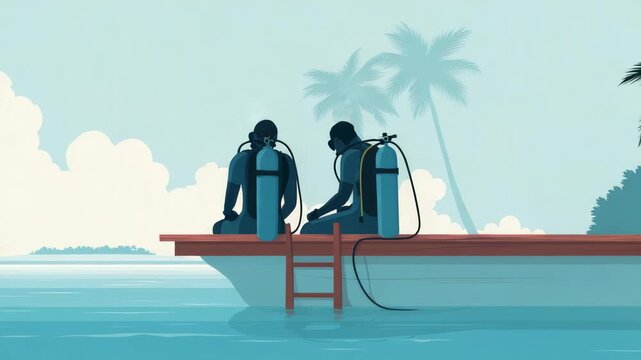 Two scuba divers, equipped with oxygen tanks, sit on the edge of a boat deck, seemingly preparing for a dive in tranquil, tropical waters, with palm trees swaying gently in the background