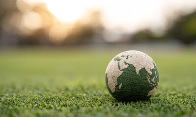 Fototapeta premium Earth globe on green grass field with warm sunlight background