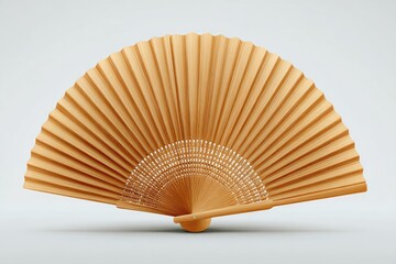 A light brown, hand fan, slightly open, rests on a neutral background, showcasing its delicate, pleated paper and simple wooden handle