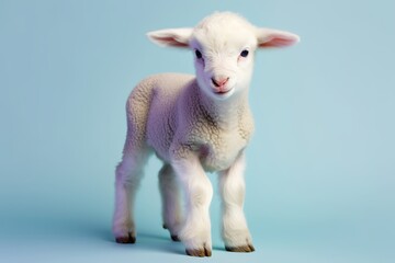 Fototapeta premium Animal creative concept on pastel blue background. Small baby domestic animal, cute baby white sheep, little lamb 