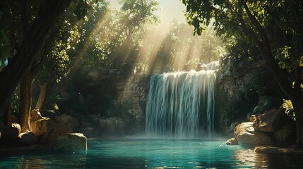 Lush waterfall cascading into a tranquil pool, bathed in sunlight