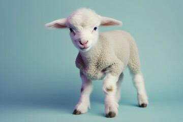 Fototapeta premium Animal creative concept on pastel blue background. Small baby domestic animal, cute baby white sheep, little lamb 