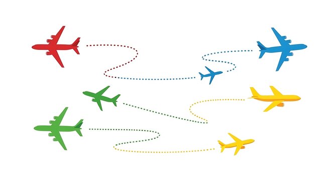 Colorful Airplanes with Dotted Flight Paths on White Background.