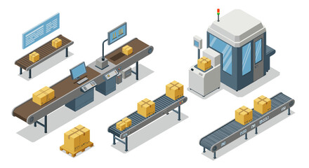 Obraz premium Isometric package sorting facility with conveyor belts and control station