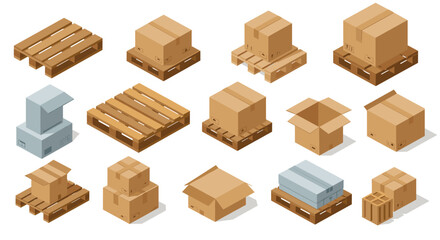 Fototapeta premium Isometric cardboard boxes and wooden pallets collection for logistics and packaging design