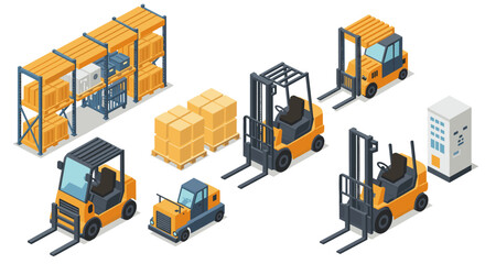 Fototapeta premium Isometric industrial logistics forklifts and pallet display