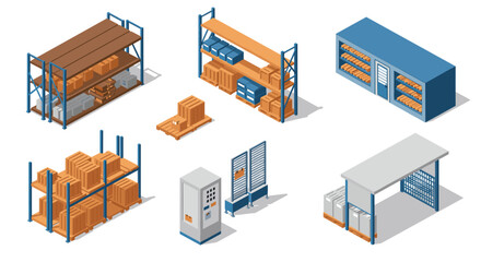 Industrial warehouse storage solutions with isometric racking systems and pallets