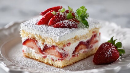 A delectable strawberry shortcake slice, layered with whipped cream and fresh strawberries, dusted with powdered sugar, sits on an ornate white plate alongside a single strawberry
