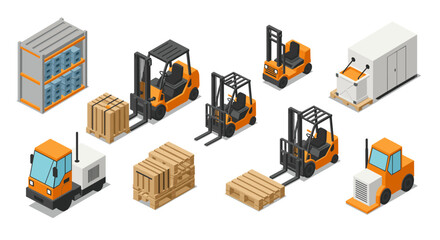 Obraz premium Isometric warehouse equipment set featuring forklifts, pallets, and delivery trucks