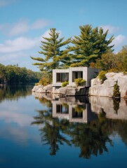 Obraz premium A modern cabin sits on a rocky outcrop beside a tranquil lake, with reflections captured in the water under a clear blue sky and green trees.