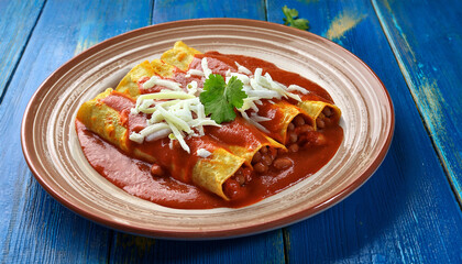 Traditional Mexican Bean Enchiladas With Red Sauce