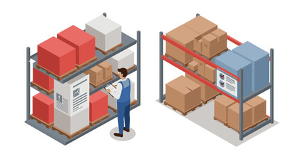 Warehouse inventory management concept with worker inspecting boxes on shelves