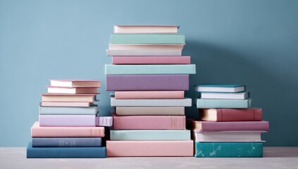 Three pastel-colored book stacks against a light blue wall; varying heights and sizes create a visually appealing arrangement